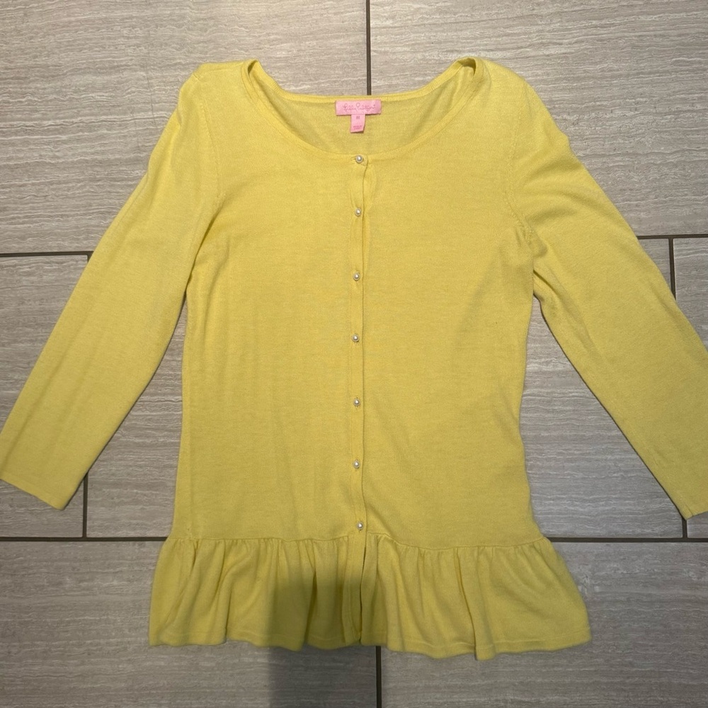 Yellow Lilly Pulitzer Cardigan with Pearl Button and Ruffled Edges